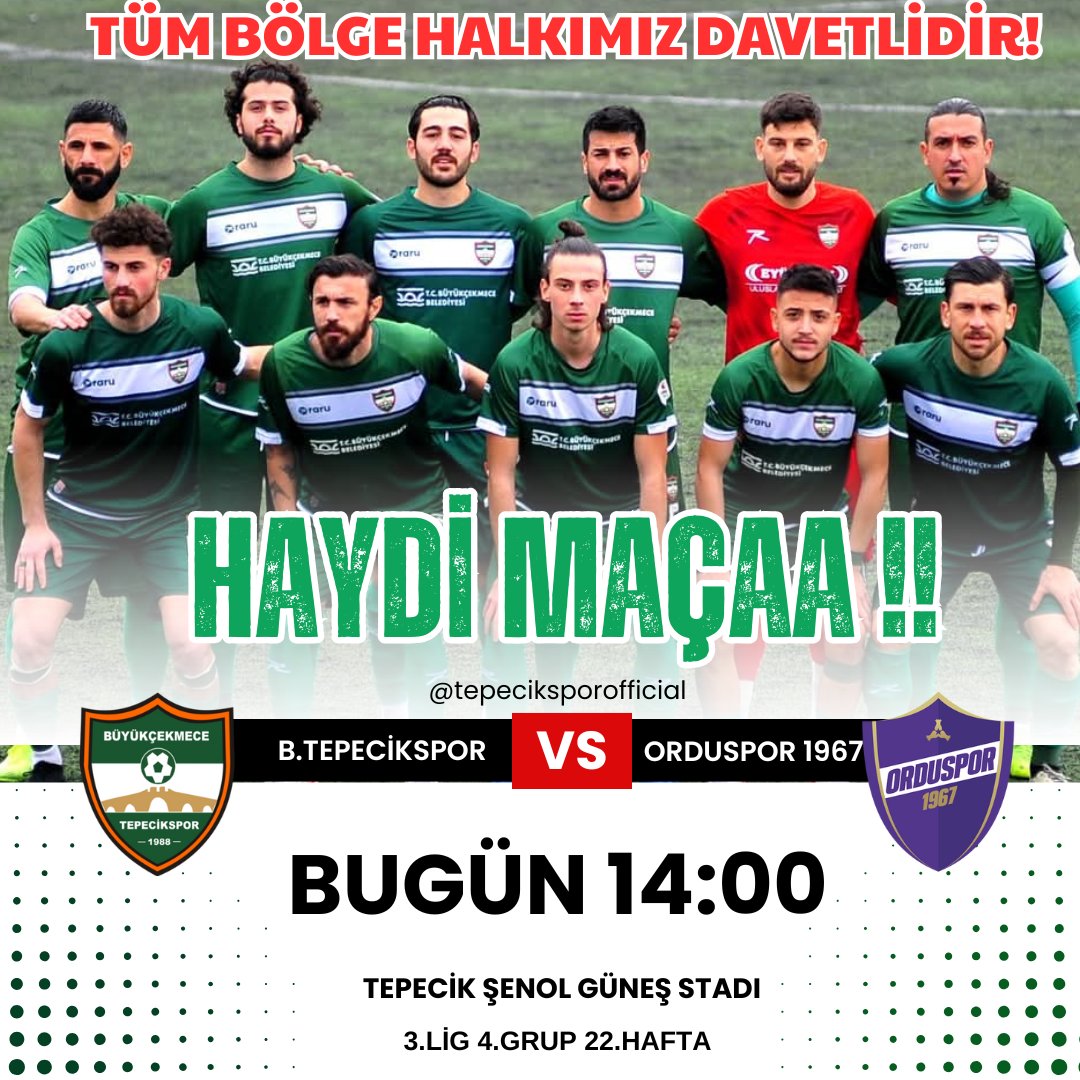 Haydi Maçaa‼️

Bugün saat 14:00

#Büyükçekmece 
Tepecik Şenol Güneş Stadı

Yayın Yok ‼️