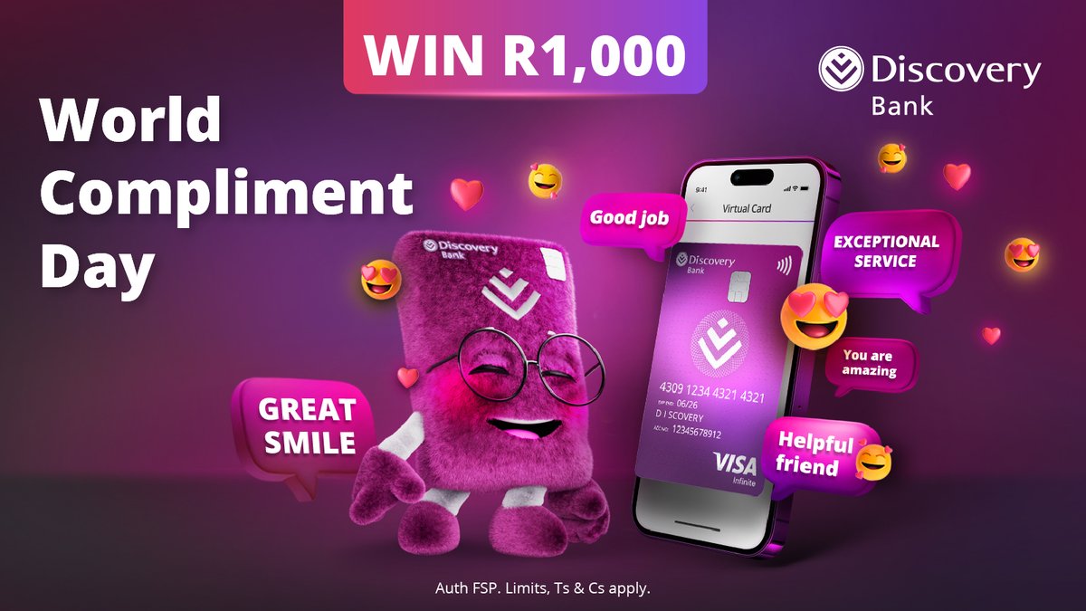 Discovery_SA's tweet image. Happy #WorldComplimentDay! 😊 At Discovery Bank, your positive actions are recognised &amp;amp; rewarded, much like a heartfelt compliment. For your chance to win a R1,000 shopping voucher, compliment Discovery Bank using #DiscoveryBestBank. 💗 Ts&amp;amp;Cs apply