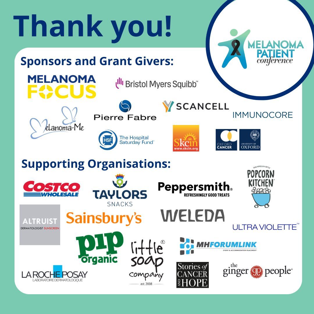 We'd like to say a BIG thank you to the organisations that supported this year's Melanoma Patient Conference! Our event would not be possible without our brilliant sponsors.

A special shout out to the generous companies who donated products for this year's delegate goodie bags.