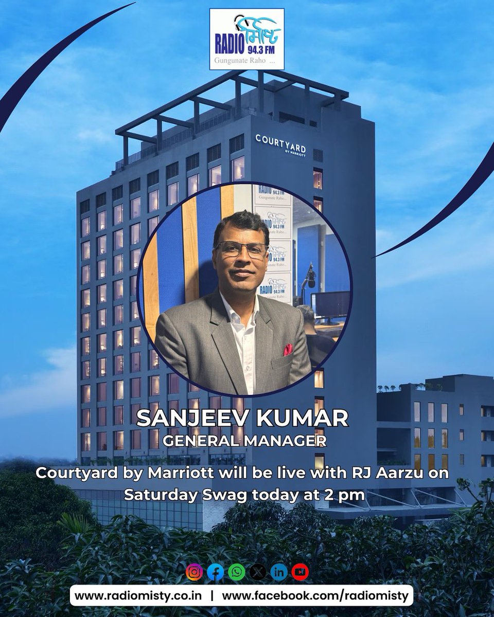 radiomisty943's tweet photo. Sanjeev Kumar (General Manager) of Courtyard By Marriot will be live with RJ Aarzu today at 2 pm.
#courtyardbymarriott #courtyardbymarriottsiliguri #generalmanager #radiosession #radiomisty https://t.co/xfI2GBxVOm