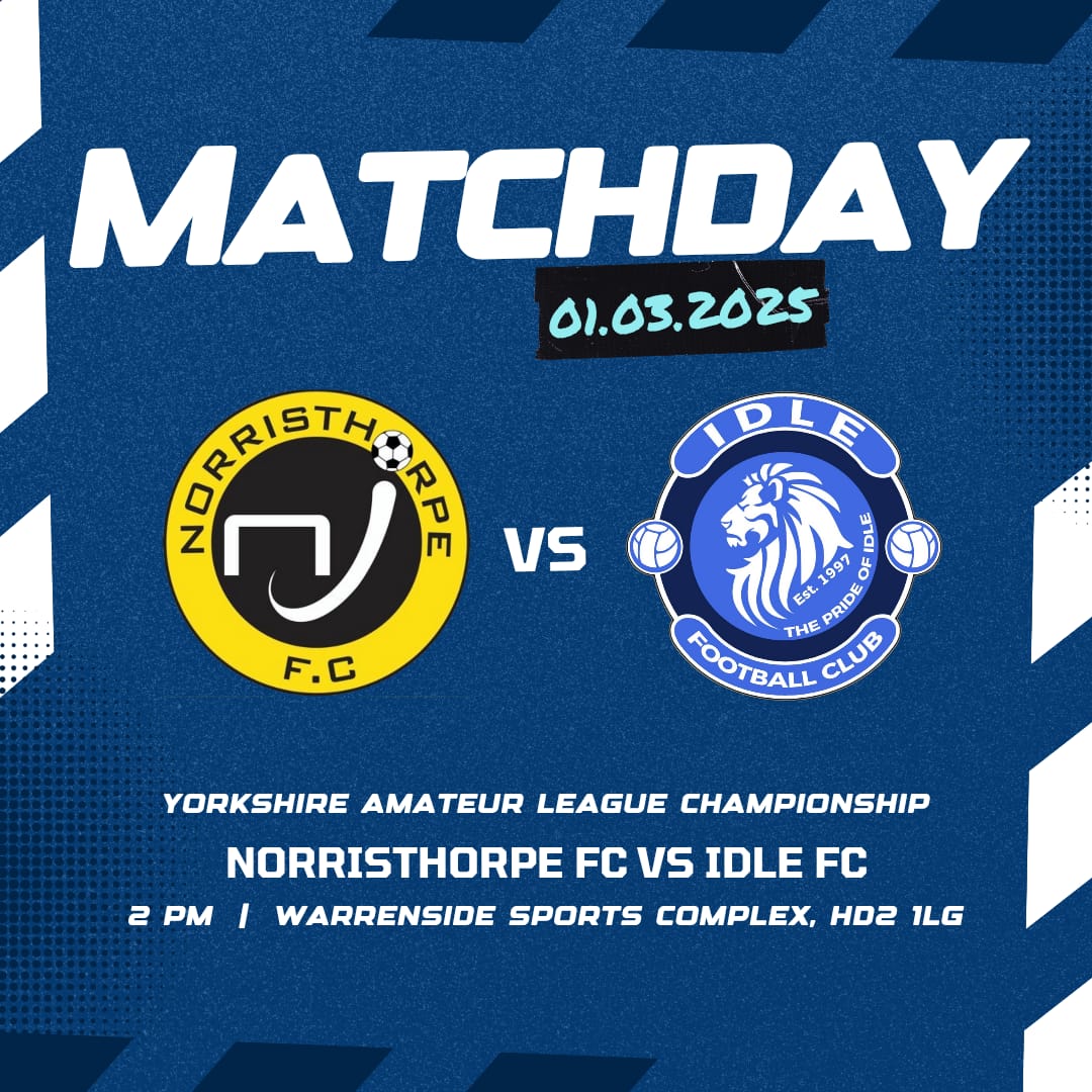 ⚽Game day⚽

🏆 <a href="/OfficialYAL/">Yorkshire Amateur Association Football League</a> Championship 
👕 Vs Norristhorpe FC <a href="/NorristhorpeFC1/">Norristhorpe FC</a>
🏟️ Warrenside Sports Complex
🕑 KO 14:00

The first team take a depleted squad to Huddersfield this weekend to face Norristhorpe!

#allidlearentwe #idlefamily 🔵⚪⚽