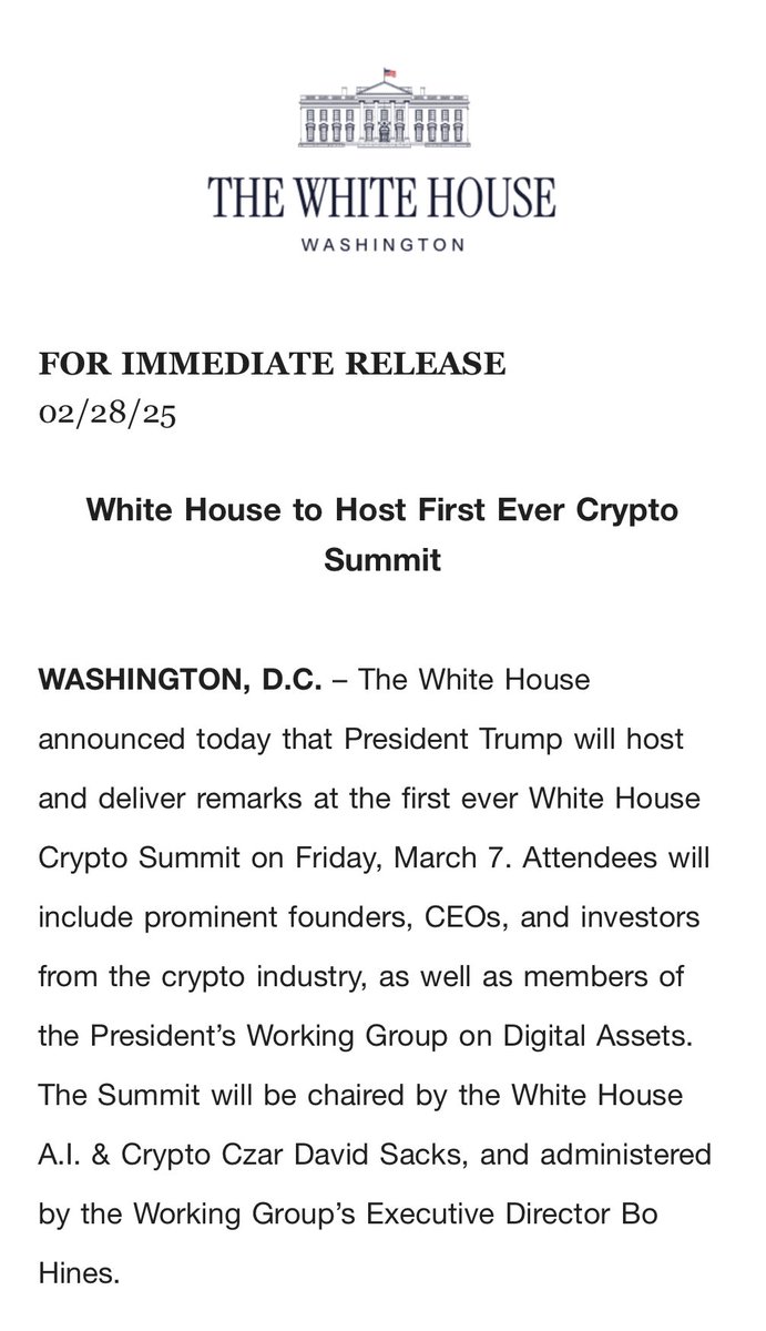 The White House Crypto Summit, announced by President Trump, reflects a significant shift in U.S. policy to integrate cryptocurrency into mainstream financial systems, aiming to establish clear regulatory frameworks for digital assets.

This summit, scheduled for March 7, 2025,