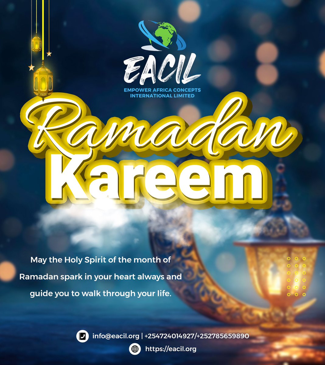 Wishing you a blessed and peaceful Ramadan! 🌙✨ May this holy month bring you peace, prosperity, and spiritual growth. Ramadan Kareem! 🙏🏽 #RamadanMubarak #Blessings #PeaceAndLight Happy new month
Log on to eacil.org