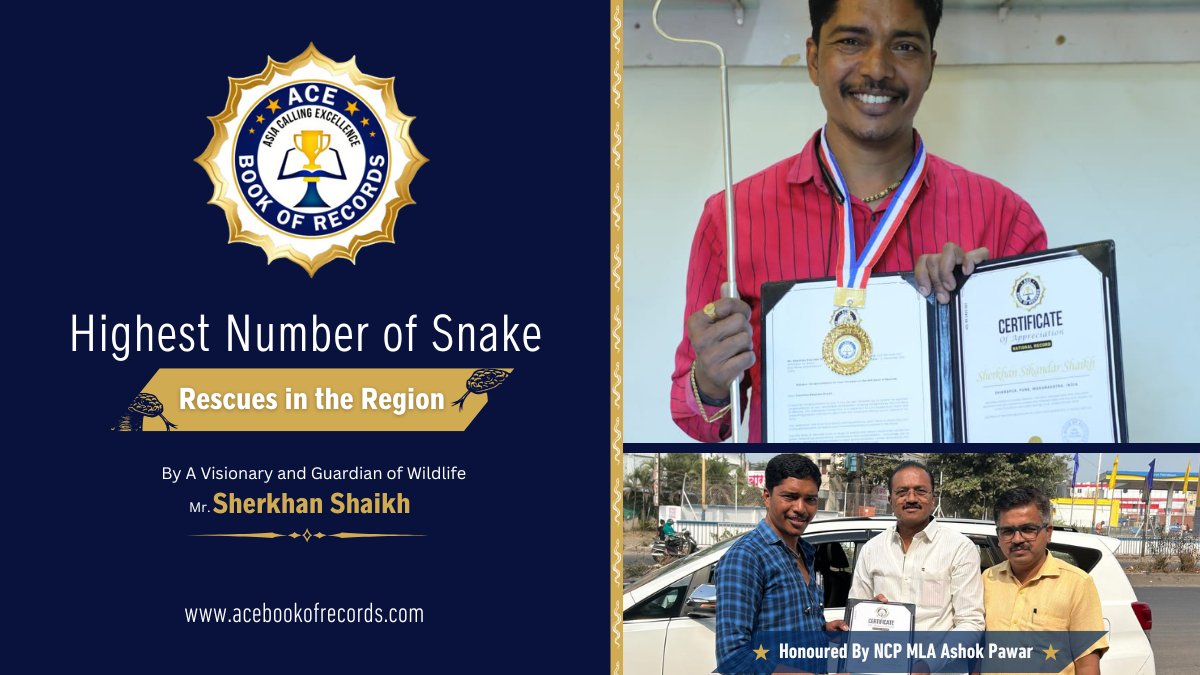 acebookofrecord's tweet photo. 🐍 A true hero of wildlife! Mr. Sherkhan Shaikh has set a record for the highest snake rescues in the region. 🌿👏 Recognized by the Ace Book of Records! 🏆🔥
#SnakeRescue #WildlifeChampion #AceBookOfRecords #ConservationHero
Read more at:
https://t.co/e2xbMfed0x https://t.co/p5bY3ssZDO
