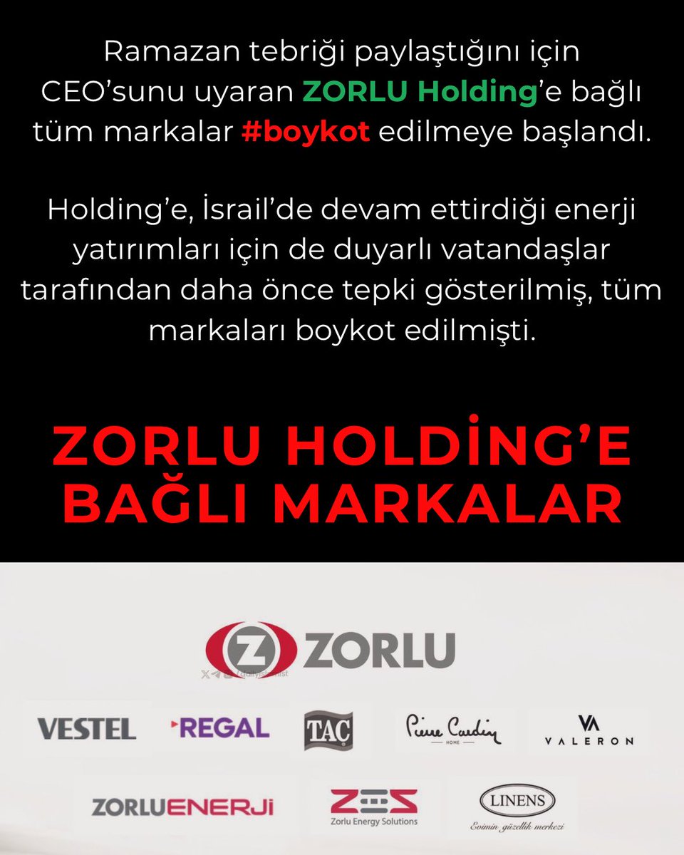 SDMhaber's tweet photo. Ramazan tebriği paylaştığını için CEO’sunu uyaran ZORLU Holding’e bağlı tüm markalar #boykot edilmeye başlandı. https://t.co/ka0qCRTXLh