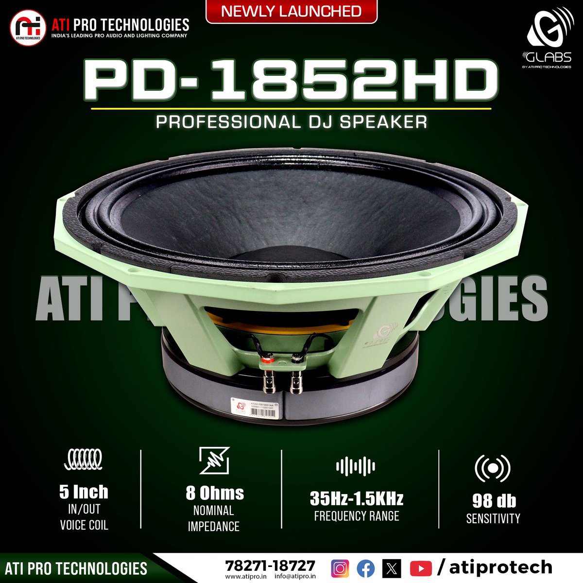atiprotech's tweet image. 18 Inch Professional DJ Speaker - PD-1852 HD

* 1999+300 W RMS Power
* 8 Ohms Impedance
* 5'' In/Out Voice Coil
* 98 db Sensitivity
* 35Hz – 1.5 Khz Frequency Range

#atiprotechnologies #glabs #pd1852hd #18inchdjspeaker #djspeaker #sound