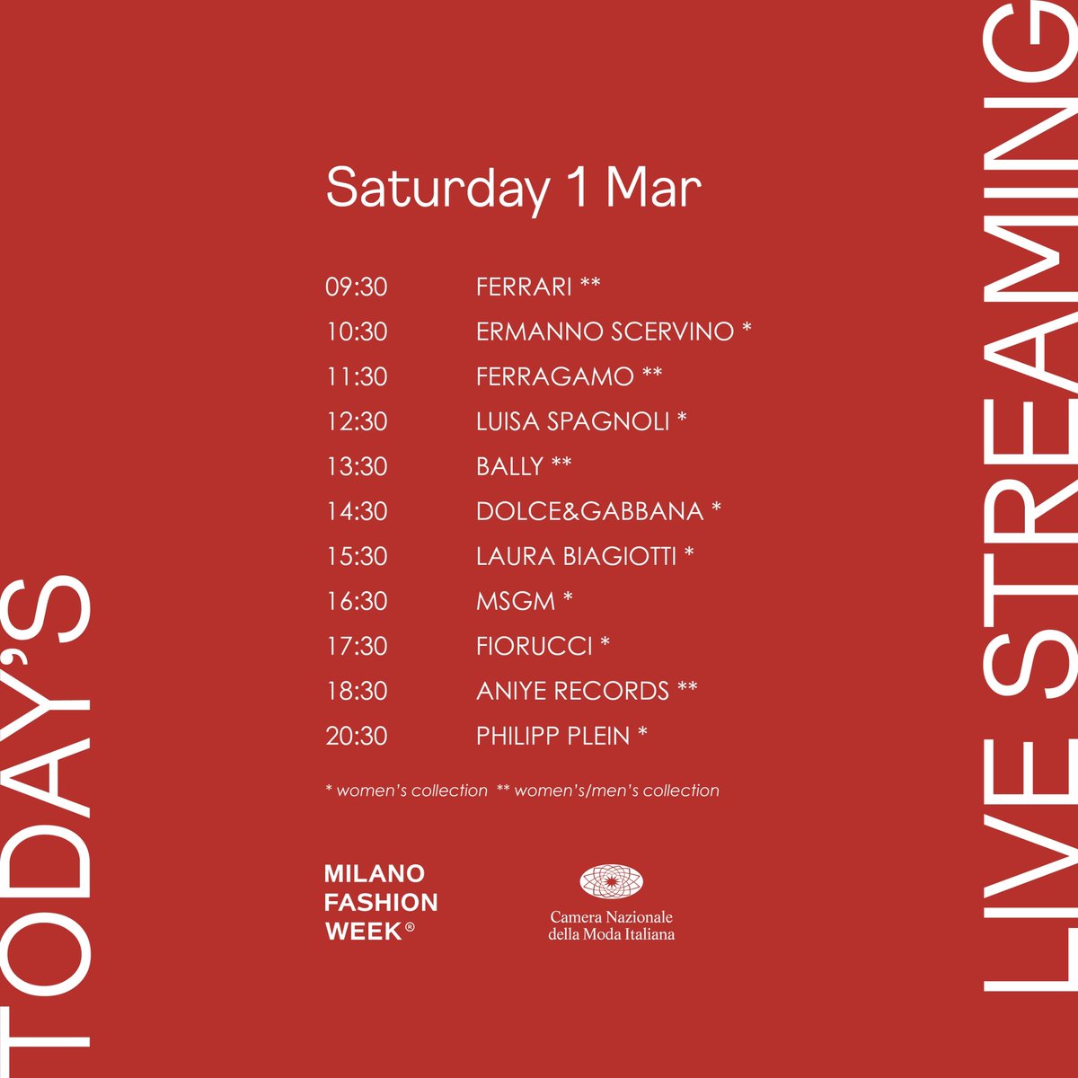 #MFW day 5
Today’s shows for the Fall/Winter 2025-26 women’s collection at Milan Fashion Week. Check the schedule and don’t miss all the live-streams from your favourite runway shows and the looks from the latest collections. 
Now live on milanofashionweek.cameramoda.it