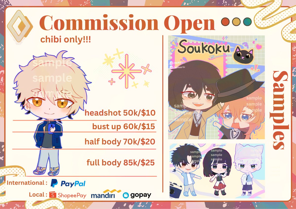 🌟 COMMISSION OPEN 🌟
[Likes and RT are very appreciated]
hellow i'm opening my very first chibi commission!! 🥺💕✨️

available for local and international
TOS, do/don't draw, and more samples are in the thread

pls DM me if you interested 💌
#commission #commissionopen
