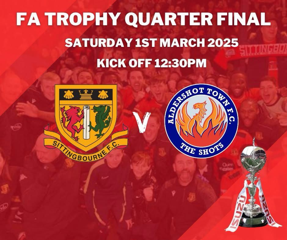 Matchday 🔴⚫️⚽️

🆚️ Aldershot Town
🏆 FA Trophy Quarter Final
⏰️ Kick Off 12:30pm
🏟 The Staxson Stadium, Broadoak Road, ME9 8AG
🎟 Sold Out!

The day has arrived! 

Home entrance will be via the usual main turnstiles. Separate away entrance in place at the ground today.