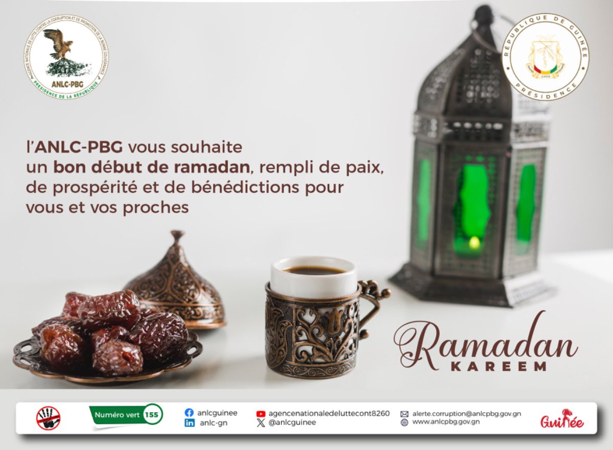 En ce mois béni, que nos prières soient exaucées et que notre foi soit renforcée.
Ramadan Moubarak à tous !

#ANLC_PBG #CNRD #𝐋𝐮𝐭𝐭𝐞𝐂𝐨𝐧𝐭𝐫𝐞𝐋𝐚𝐂𝐨𝐫𝐫𝐮𝐩𝐭𝐢𝐨𝐧 #contrelacorruptionjemengage #Corruption #BonneGouvernance #RamadanMubarak #Guinee