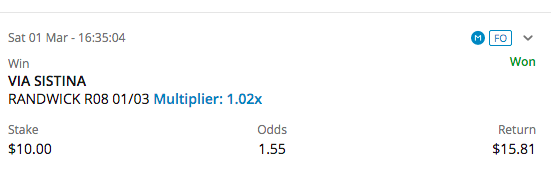 Sysmo1's tweet photo. Cleaned up the TAB with an extra 26 cents boost with Via winning today. #Boom #Togood #Tabmultiplier @mkelly_clinic https://t.co/8UApasjuIa