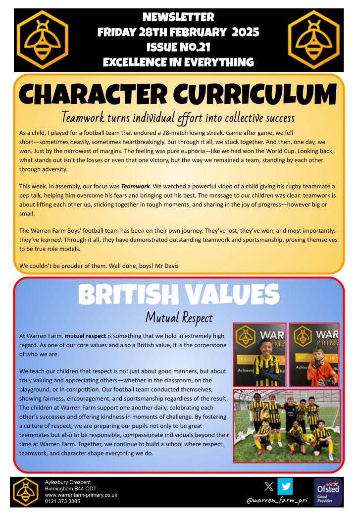 Warren Farm Primary School (@warren_farm_pri) on Twitter photo 🐝Newsletter No.21🐝
It’s the end of another week of ‘Excellence in Everything’ at Warren Farm
Make it a GREAT weekend
The Warren Farm Team
🐝🙌🏽🐝🙌🏽
<a href="/diana_osagie/">Courageousleader</a> <a href="/CompassForLife/">Compass For Life</a> <a href="/floydwoodrow/">Floyd Woodrow</a> <a href="/AVFCFoundation/">Aston Villa Foundation</a> <a href="/Found4theFuture/">Foundations4TheFuture</a> <a href="/F2dItc/">F2D ITC</a> <a href="/BEPvoice/">Birmingham Education Partnership</a>
<a href="/BirminghamEdu/">Birmingham Education</a> <a href="/MrMCGrammar/">MC Grammar</a> 🐝Newsletter No.21🐝
It’s the end of another week of ‘Excellence in Everything’ at Warren Farm
Make it a GREAT weekend
The Warren Farm Team
🐝🙌🏽🐝🙌🏽
<a href="/diana_osagie/">Courageousleader</a> <a href="/CompassForLife/">Compass For Life</a> <a href="/floydwoodrow/">Floyd Woodrow</a> <a href="/AVFCFoundation/">Aston Villa Foundation</a> <a href="/Found4theFuture/">Foundations4TheFuture</a> <a href="/F2dItc/">F2D ITC</a> <a href="/BEPvoice/">Birmingham Education Partnership</a>
<a href="/BirminghamEdu/">Birmingham Education</a> <a href="/MrMCGrammar/">MC Grammar</a>