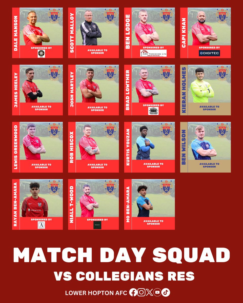 MATCH DAY 

Firsts host Bradford united down at the Justmylook stadium 

Reserves travel to collegians in Hudds 

All support welcome 

thank you to all our player sponsors