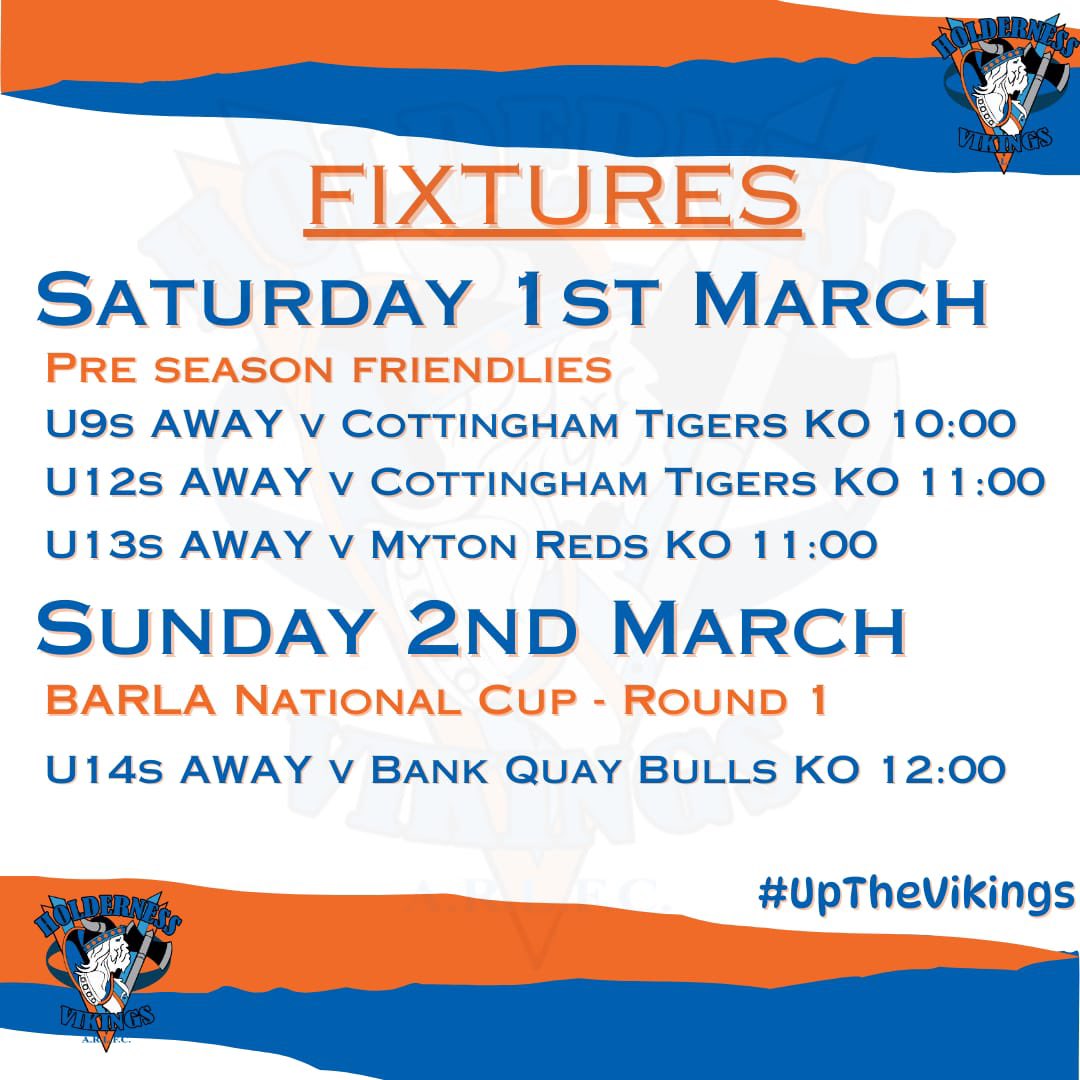 🔷🔶WEEKEND FIXTURES🔶🔷

A busy weekend for our young players as the season gets closer for most teams. 

For our U14s though it’s competitive action as they head over to Warrington for the first round of the BARLA National Cup. 

Good luck to all! 

#UpTheVikings 🔶🔷🏉🔷🔶