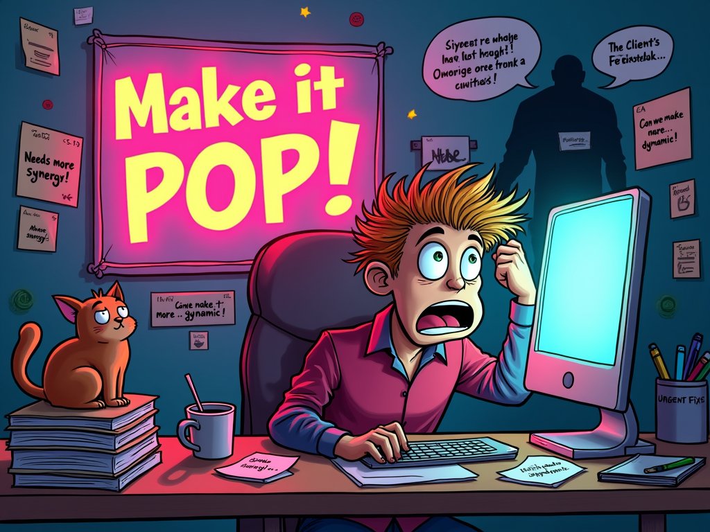 webzards12073's tweet image. Client: "Can you make it pop?"
Designer: "Absolutely! Should I add fireworks, neon lights, or a full marching band to really drive the point home?" 🤡🎨
#MakeItPop #GraphicDesignHumor