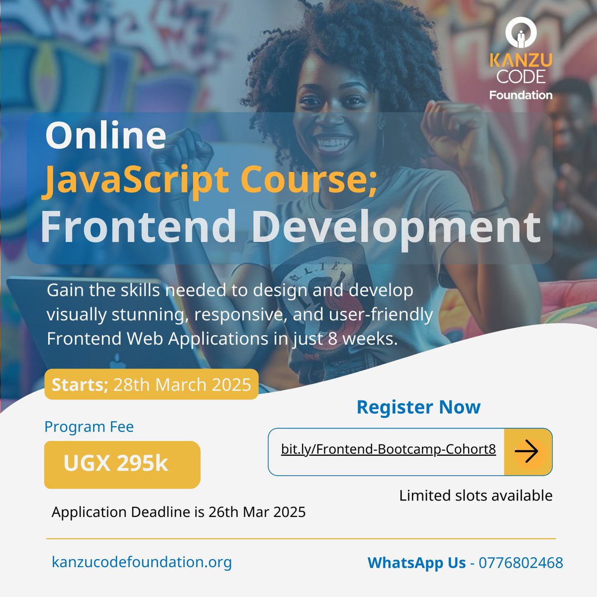 KanzuCodeOrg's tweet image. Join our Frontend JavaScript Bootcamp and gain hands-on experience in creating responsive and dynamic user interfaces.
📍 Online - Learn from Anywhere!
🎟 Limited slots available! Secure yours now 👉 bit.ly/Frontend-Bootc…
#FrontendBootcamp #LearnJavaScript #WebDevelopment #kcf