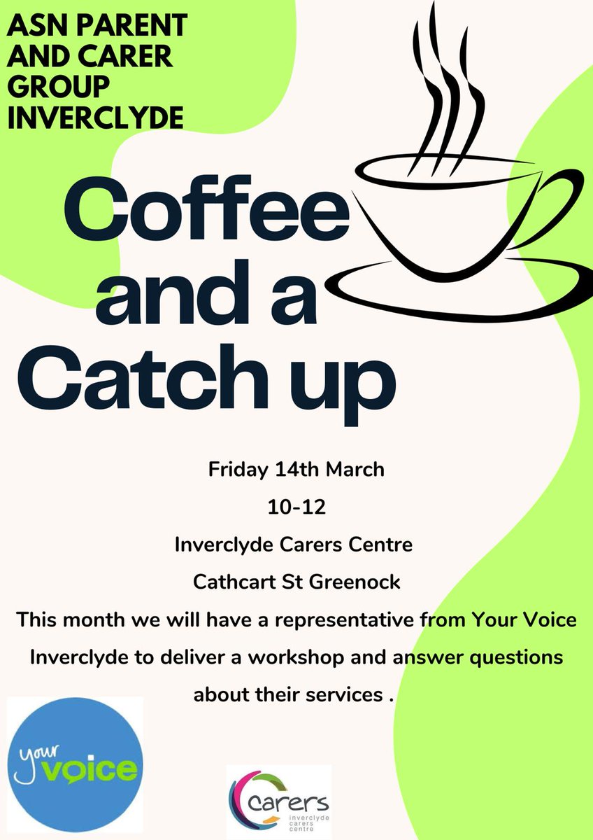 ASN Parent and Carer Group Inverclyde (@asnpcginv) on Twitter photo Pop along to the carers centre for a coffee and catch up on Friday 14th March, 10am to 12pm where we will also have a representative from Your Voice attending to deliver a workshop and answer questions π  we hope to see you there Pop along to the carers centre for a coffee and catch up on Friday 14th March, 10am to 12pm where we will also have a representative from Your Voice attending to deliver a workshop and answer questions π  we hope to see you there