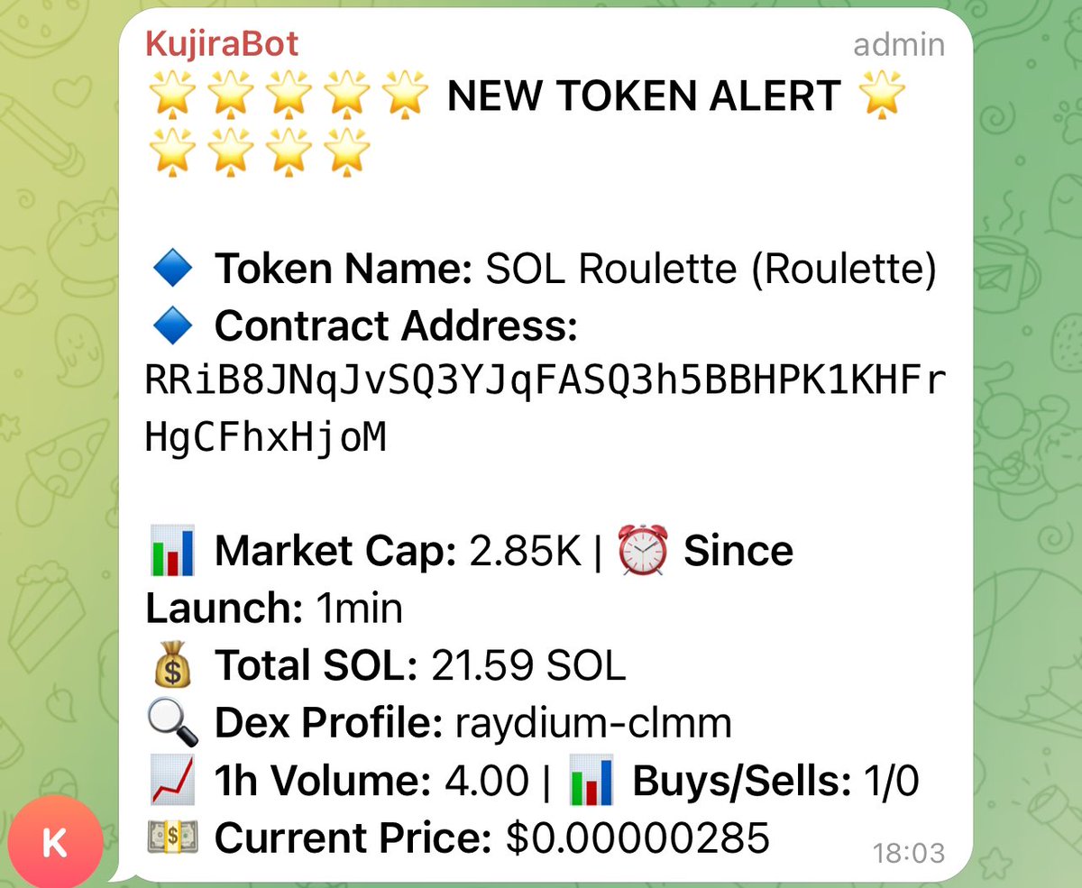 sutralabs's tweet image. In just 24 hours, Kujira Bot has managed to call out some amazing plays 🚀

$BTM(@BTMmoney) at 5k(600X)
#ROULETTE(@SOLRouletteX) at 3k(775X)
$IJM(@IJMreward) at 8k(37X)
$IBF(@IBFonsol) at 13k(27X)

We’ve some exciting news for you 🧵(1/2)