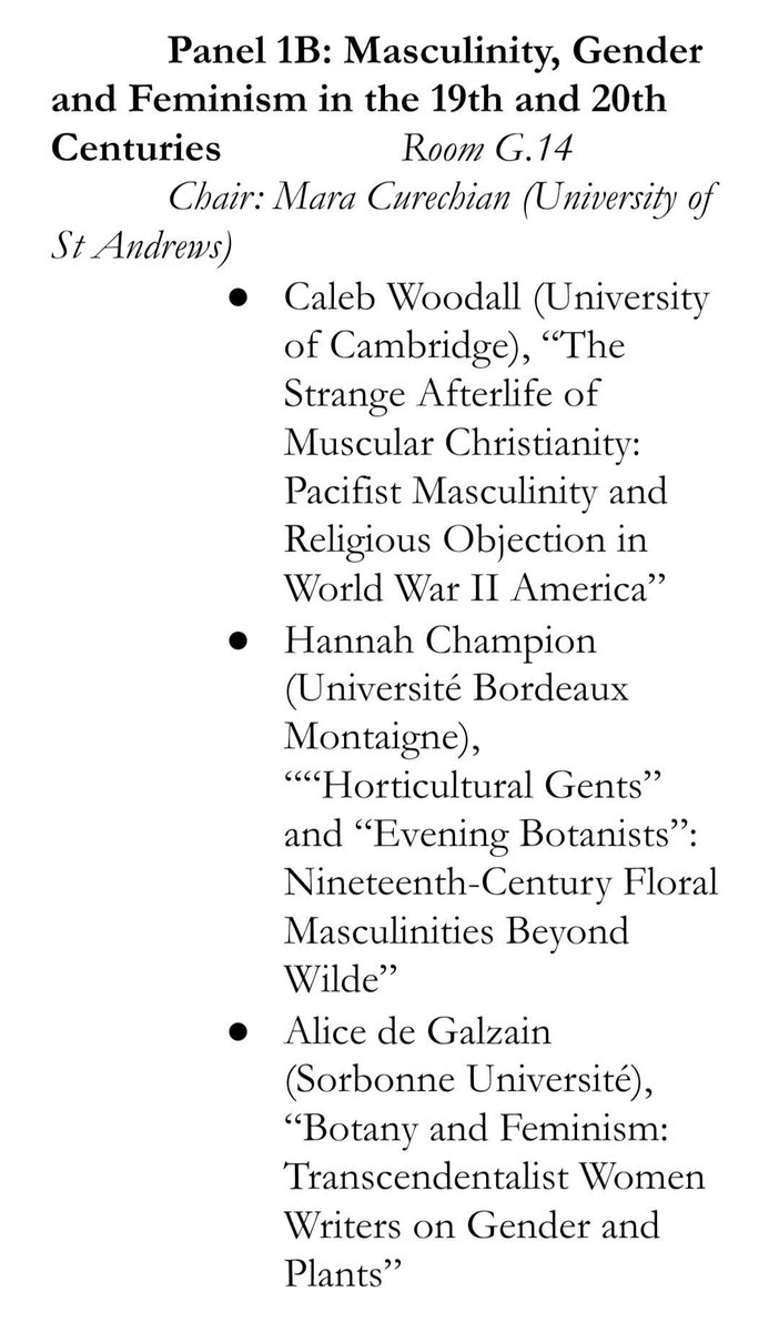 Simultaneously, we have
Panel 1B - Masculinity, Gender and Feminism in 19th and 20th Centuries, with presentations by speakers from <a href="/Cambridge_Uni/">Cambridge University</a>, <a href="/UBMontaigne/">Université Bordeaux Montaigne</a> and <a href="/Sorbonne_Univ_/">Sorbonne Université</a>, with panel chair from @uniofstandrews!
Welcome all!