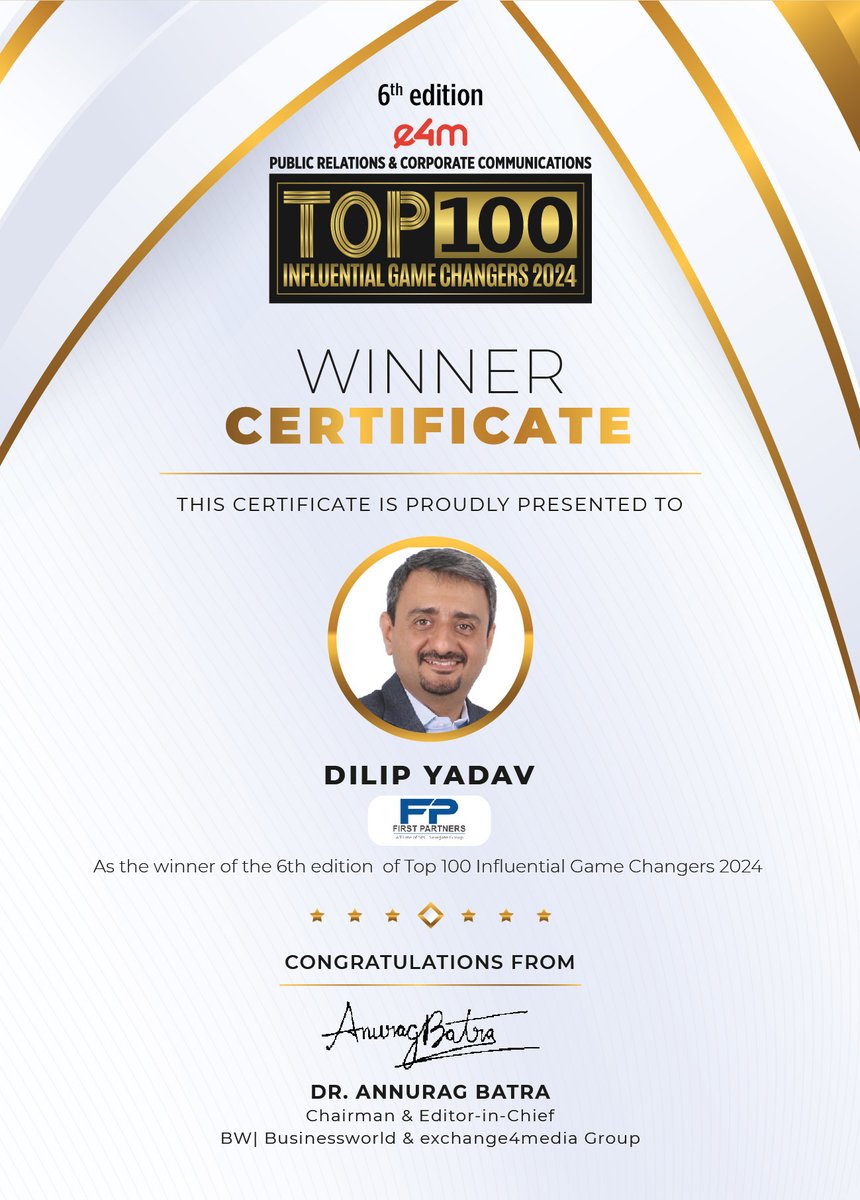 e4m Live (@e4mevents) on Twitter photo Our heartiest congratulations to <a href="/dilipyadav1000/">Dilip Yadav</a> from <a href="/FirstPartners_/">First Partners</a> for being featured in the 6th edition of e4m PR and Corp Comm Top 100 Influential Game Changers list 2024!
<a href="/anuragbatrayo/">Anurag Batra</a> | <a href="/nawalahuja/">Nawal Ahuja</a> | <a href="/karanbhatias/">Karan Bhatia</a>
#e4mprtop100influentialgamechangers #e4mevents Our heartiest congratulations to <a href="/dilipyadav1000/">Dilip Yadav</a> from <a href="/FirstPartners_/">First Partners</a> for being featured in the 6th edition of e4m PR and Corp Comm Top 100 Influential Game Changers list 2024!
<a href="/anuragbatrayo/">Anurag Batra</a> | <a href="/nawalahuja/">Nawal Ahuja</a> | <a href="/karanbhatias/">Karan Bhatia</a>
#e4mprtop100influentialgamechangers #e4mevents