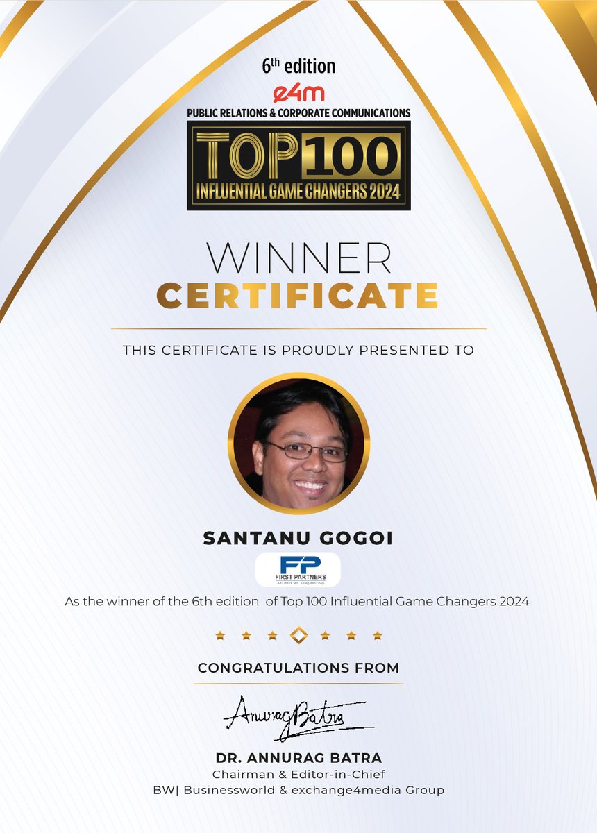e4m Live (@e4mevents) on Twitter photo Our heartiest congratulations to <a href="/santanugogoi/">Santanu Gogoi 🇮🇳</a> from <a href="/FirstPartners_/">First Partners</a> for being featured in the 6th edition of e4m PR and Corp Comm Top 100 Influential Game Changers list 2024!
<a href="/anuragbatrayo/">Anurag Batra</a> | <a href="/nawalahuja/">Nawal Ahuja</a> | <a href="/karanbhatias/">Karan Bhatia</a>
#e4mprtop100influentialgamechangers #e4mevents #PRCorpComm Our heartiest congratulations to <a href="/santanugogoi/">Santanu Gogoi 🇮🇳</a> from <a href="/FirstPartners_/">First Partners</a> for being featured in the 6th edition of e4m PR and Corp Comm Top 100 Influential Game Changers list 2024!
<a href="/anuragbatrayo/">Anurag Batra</a> | <a href="/nawalahuja/">Nawal Ahuja</a> | <a href="/karanbhatias/">Karan Bhatia</a>
#e4mprtop100influentialgamechangers #e4mevents #PRCorpComm