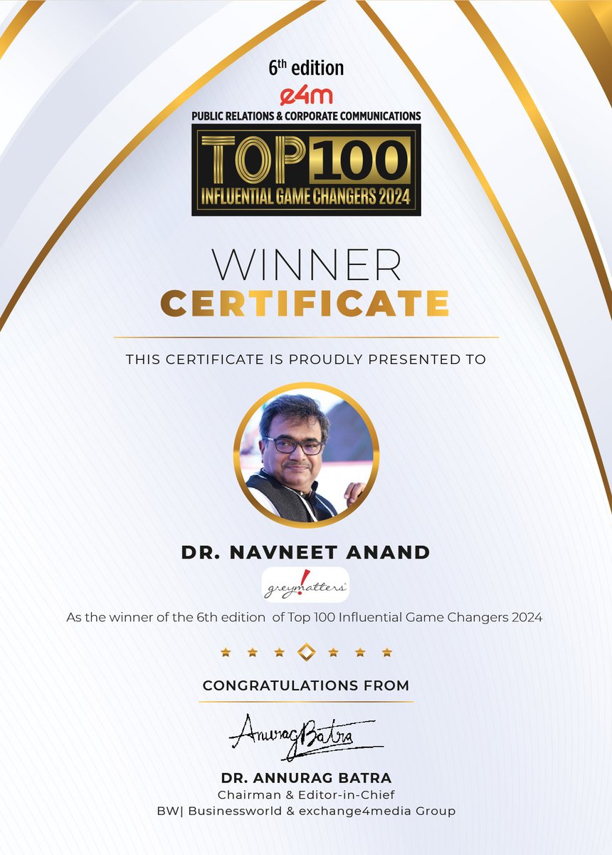 e4mevents's tweet photo. Our heartiest congratulations to @navneetanand from @GreyMattersPR for being featured in the 6th edition of e4m PR and Corp Comm Top 100 Influential Game Changers list 2024!
@anuragbatrayo | @nawalahuja | @karanbhatias
#e4mprtop100influentialgamechangers #e4mevents #PRCorpComm https://t.co/16O6B6xikp