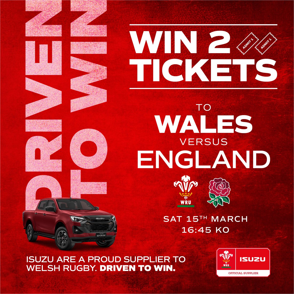 🎟️ WIN TICKETS TO WALES v ENGLAND! 🎟️

We're giving TWO lucky fans the chance to witness <a href="/WelshRugbyUnion/">Welsh Rugby Union 🏴󠁧󠁢󠁷󠁬󠁳󠁿</a> take on England live at Principality Stadium on Saturday, 15th March! 🏉🔥

To enter:
1️⃣ Like this post
2️⃣ Tag your match-day buddy
3️⃣ Repost for an extra chance to win
4️⃣