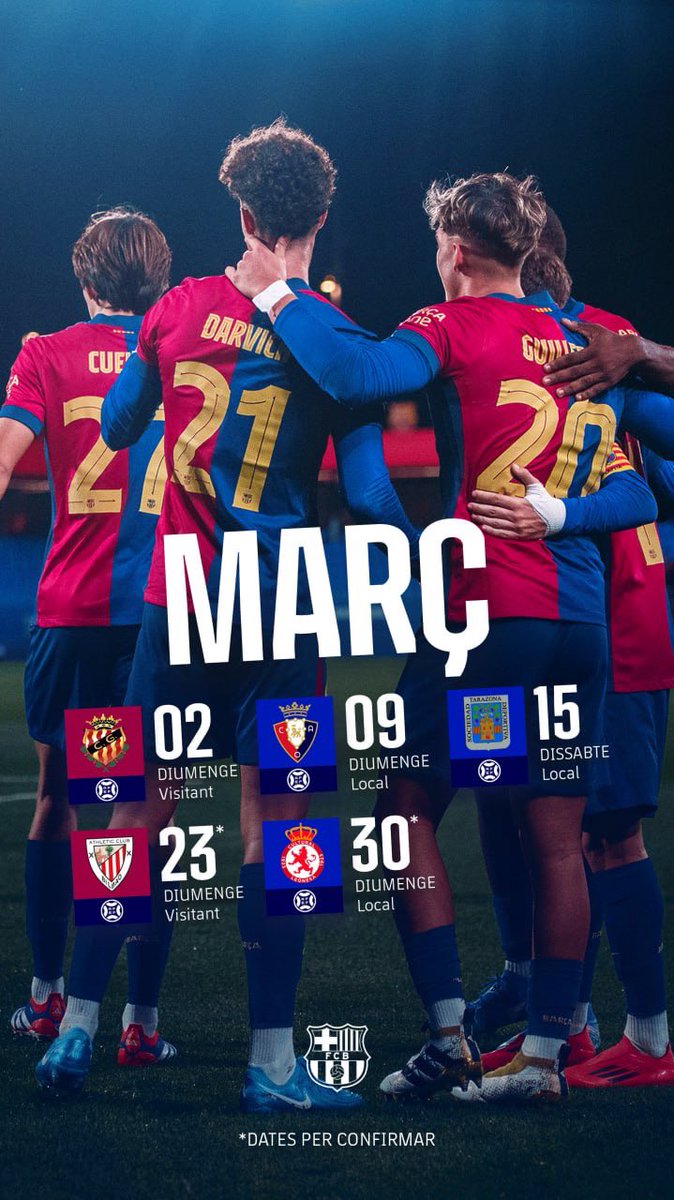 FCBarcelonaB's tweet photo. 📅 Així serà el mes de març del Barça Atlètic

💙❤️ https://t.co/abdxMIY6Zq