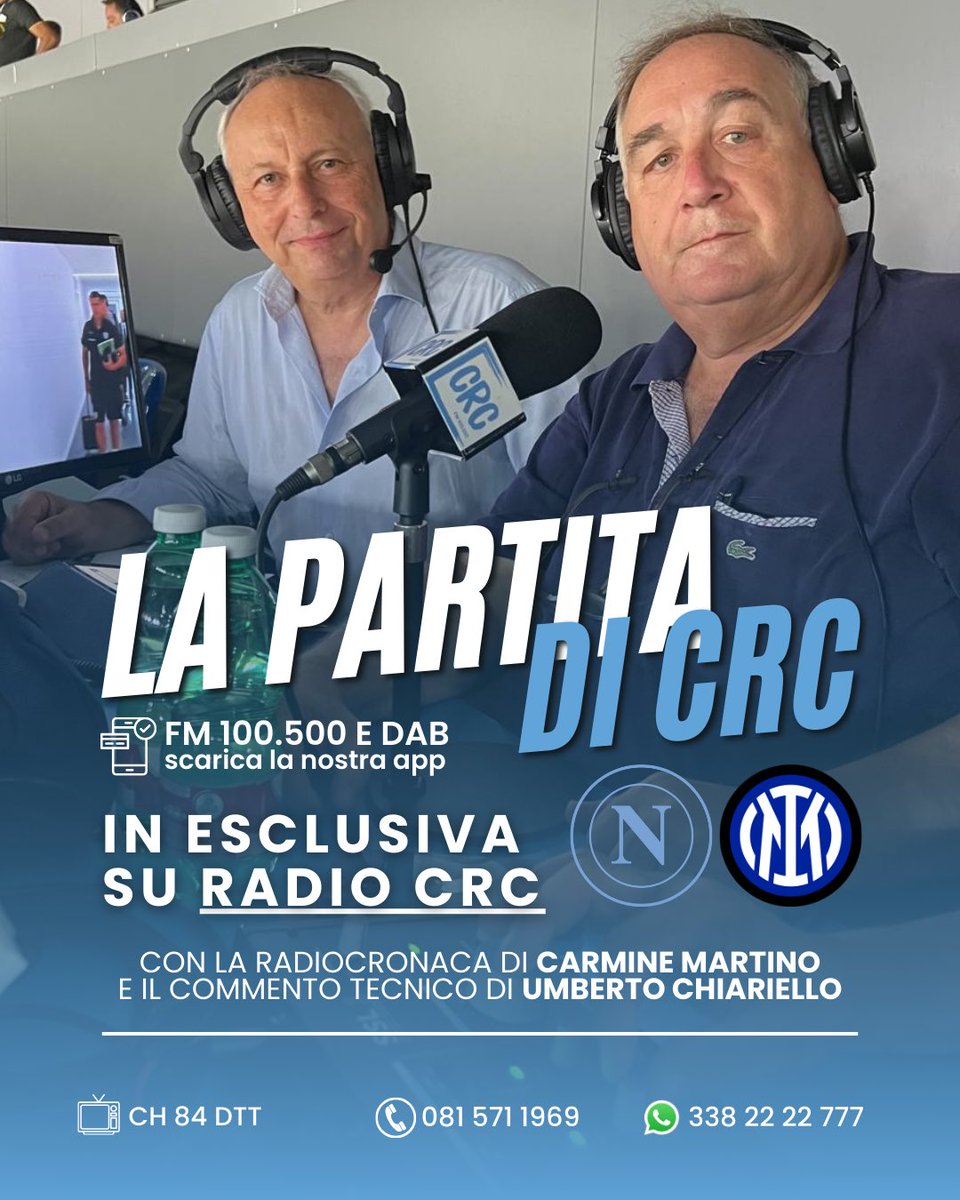 È il giorno di #NapoliInter 🤩💙

Segui la nostra maratona a partire dalle 12:00 per vivere insieme a noi tutte le emozioni di questo big match 🔥

Dalle 18:00 la RADIOCRONACA ESCLUSIVA affidata alla voce di Carmine Martino 🎙️

📻 FM 100,5 MHZ
su crcnews.it o CH 84