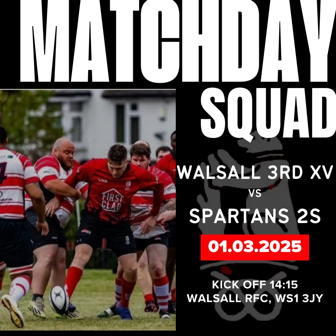 WalsallRFC's tweet photo. ▪︎3RD XV MATCH DAY SQUAD▪︎

Here is your 3rd XV who will play against Spartans 2s this afternoon.

Our 3rd XV is having a great season so far and remains unbeaten. Please head down to the club and cheer them on.

The game kicks off at 2:15pm.

Come on Walsall! https://t.co/ZWG9hJF6gV