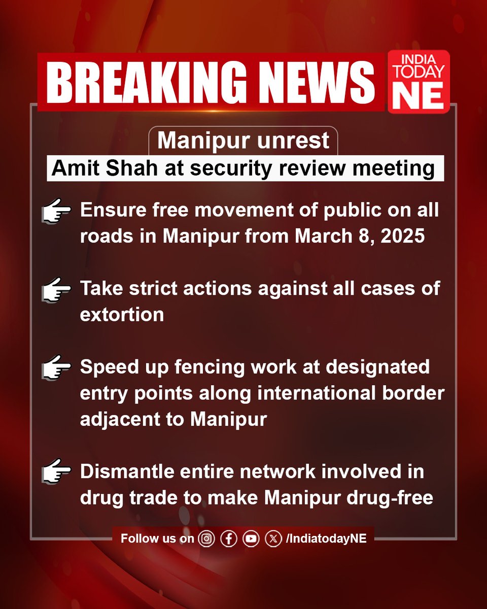 #ManipurUnrest: Union Home Minister Amit Shah has outlined key directives to ensure peace and progress in Manipur.

#Manipur #AmitShah #HomeMinister