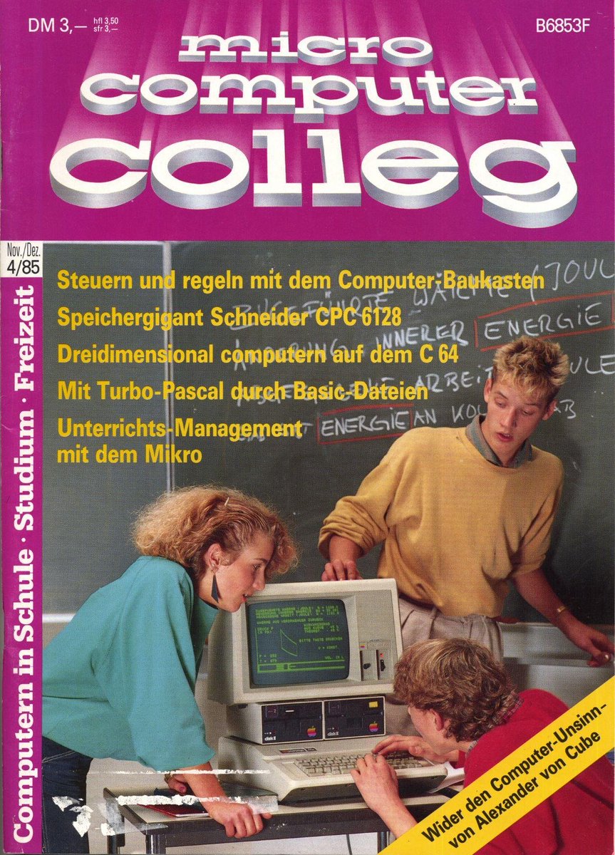 Retrojournal_de's tweet image. Micro Computer Colleg 4/85 – Nov./Dez. 1985

🔧Steuern &amp;amp; Regeln mit dem Computer-Baukasten
💾Schneider CPC 6128 – der Speichergigant!
🕶️3D-Computing auf dem C64 – was war möglich?
🖥️Turbo-Pascal trifft BASIC – Dateiverwaltung für Profis
🏫Computereinsatz im Unterricht #C64 #CPC