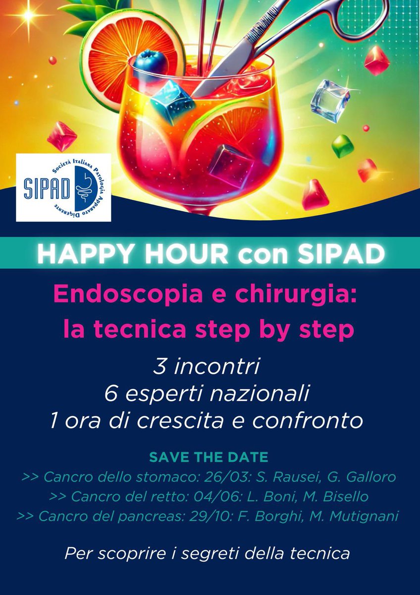 SIPAD_Italia's tweet photo. 📢 SAVE THE DATE – HAPPY HOUR con SIPAD! 🍹🩺
🔬 Endoscopia e chirurgia: la tecnica step by step
📆 3 incontri, 6 esperti nazionali, 1 ora di crescita e discussione
#Chirurgia #endoscopia #formazione https://t.co/53ARiwDoxZ