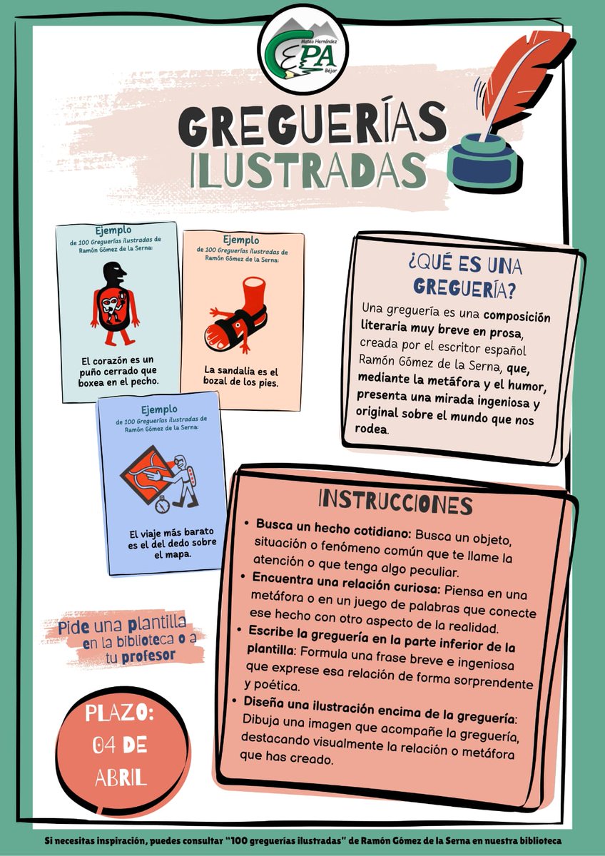 📚En el #CEPA_Mateo arrancamos marzo con creatividad y reflexión! QParticipa en el Concurso I de Greguerías Ilustradas ✍️🎨. Observa un hecho cotidiano, crea una metáfora curiosa, escríbela y acompáñala con una ilustración. ¡Demuestra tu talento! 💫 #aprendizajealolargodelavida