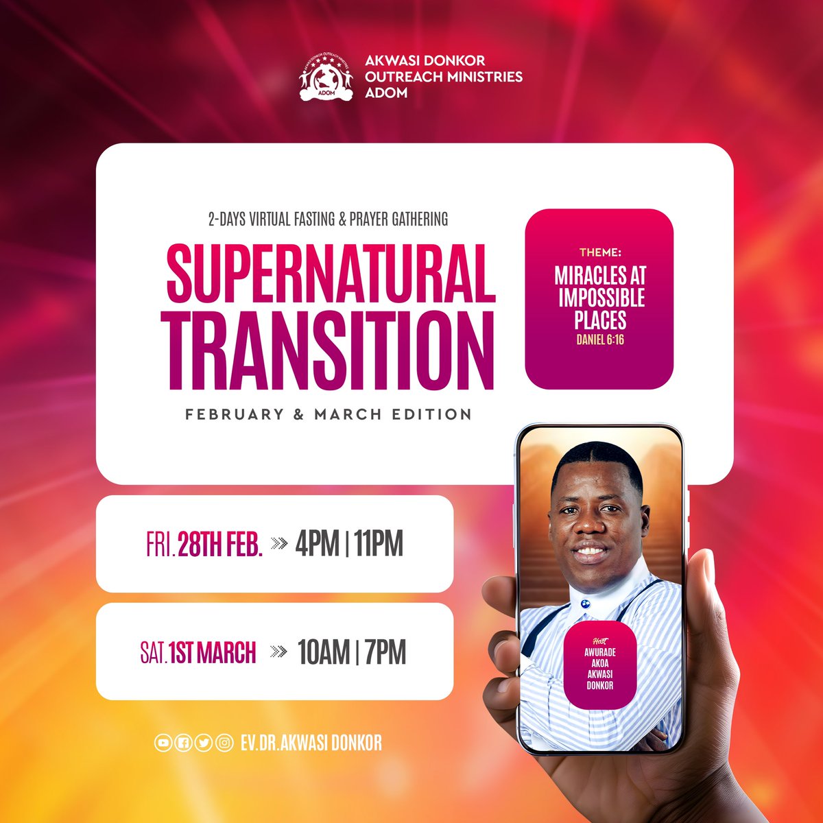 adomhoh's tweet image. 📢 Virtual Fasting and Prayer Meeting

SUPERNATURAL TRANSITION - Day 2, Session 1 🔥

⏰ 10 AM This Morning

Get connected with the family—you’ll be greatly blessed!

📌 Spread the word!

#SupernaturalTransition #MarchEdition #1stSession #ADOM