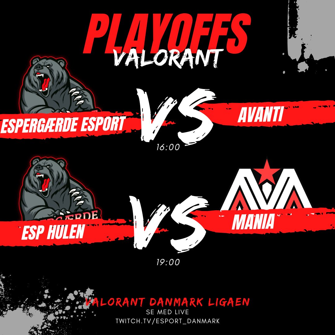 Valorant Danmark Ligaen (@valorantdk_liga) on Twitter photo ❗️PLAYOFFS❗️
I dag bliver det vildt! 2 Semifinaler og 4 castere!
Se med her! twitch.tv/esport_danmark
Espergærde Esport🆚Avanti Esport
🕓 16:00 | Bo3
🎙️ <a href="/Gimsen_9/">Gimsen</a> & <a href="/zimmer_hinz/">Laura Hinz</a>
ESP HuleN🆚Mania
🕖 19:00 | Bo3
🎙️ <a href="/Jelstrup_/">Jelstrup</a> & <a href="/ESPMoller/">Moller</a>
<a href="/Absolute_Mania/">MANIA Esports</a> <a href="/Avanti_GG/">Avanti Esport</a> <a href="/ESP__eSport/">Espergærde eSport</a> ❗️PLAYOFFS❗️
I dag bliver det vildt! 2 Semifinaler og 4 castere!
Se med her! twitch.tv/esport_danmark
Espergærde Esport🆚Avanti Esport
🕓 16:00 | Bo3
🎙️ <a href="/Gimsen_9/">Gimsen</a> & <a href="/zimmer_hinz/">Laura Hinz</a>
ESP HuleN🆚Mania
🕖 19:00 | Bo3
🎙️ <a href="/Jelstrup_/">Jelstrup</a> & <a href="/ESPMoller/">Moller</a>
<a href="/Absolute_Mania/">MANIA Esports</a> <a href="/Avanti_GG/">Avanti Esport</a> <a href="/ESP__eSport/">Espergærde eSport</a>