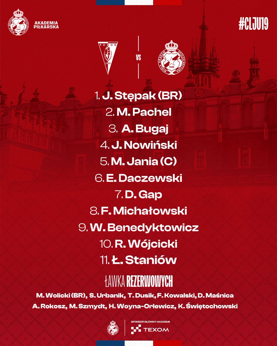 Już za kilka chwil zespół U-19 powalczy o punkty z Pogonią Szczecin, a tak prezentuje się skład wybrany przez trenera Karola Nędzę na to spotkanie ⬇️ #CLJU19