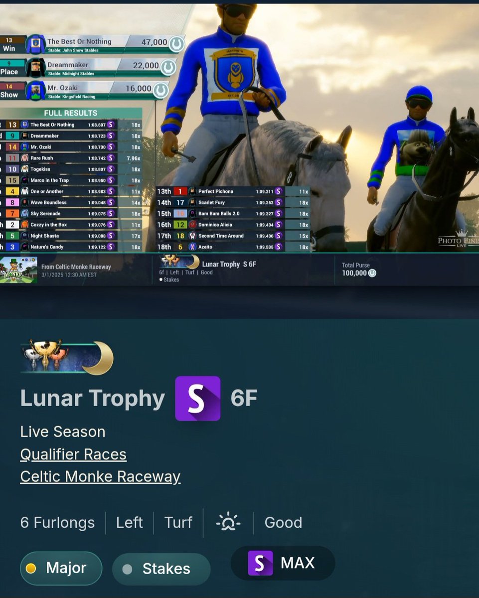 JohnSnow (@johnsnowstables) on Twitter photo Very proud to announce I have won my first <a href="/photofinishgame/">Photo Finish™ LIVE 🌹 🐎 Virtual Horse Racing</a> Major. Very proud to announce I have won my first <a href="/photofinishgame/">Photo Finish™ LIVE 🌹 🐎 Virtual Horse Racing</a> Major.