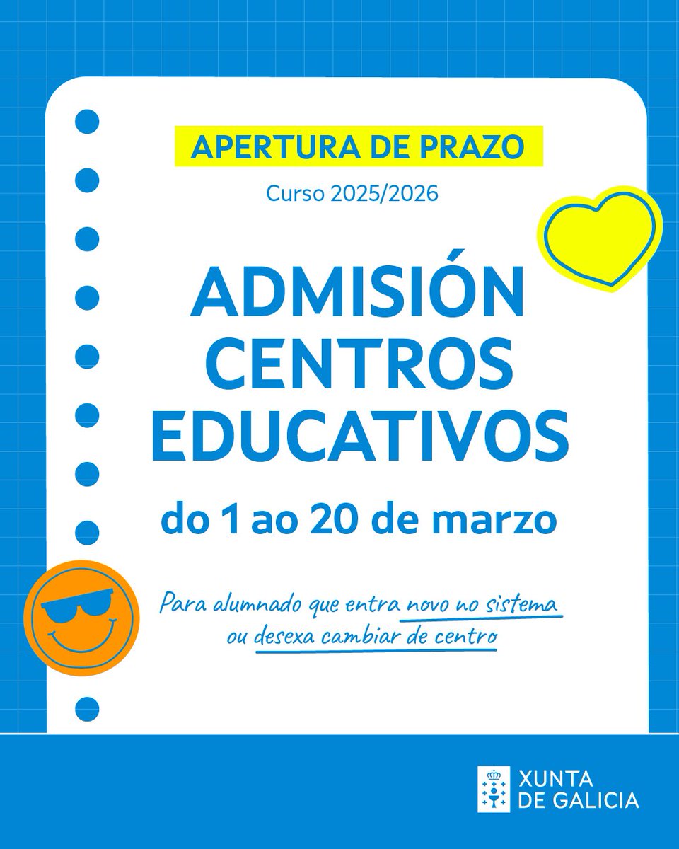 📚 Admisión curso 2025/2026!

Ata o 20 de marzo podes solicitar praza

✅ Alumnado que entra por primeira vez no sistema, principalmente de 4º de Infantil

✅ Cambio de centro en todas as etapas, en función da dispoñibilidade

Online ou presencial

ℹ️ edu.xunta.gal/portal/node/46…