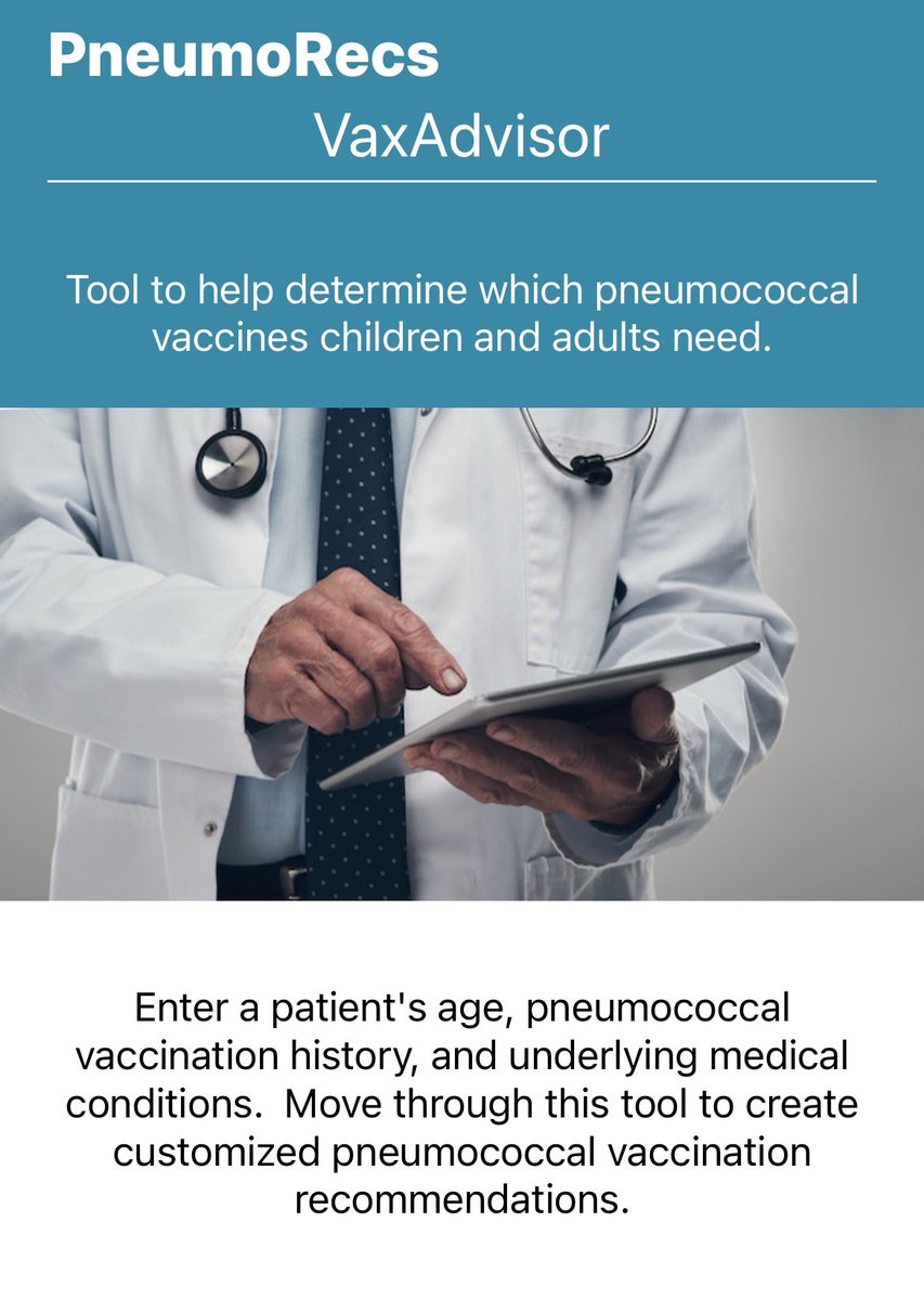 ¿No tienes claro qué vacuna neumocócica necesita tu paciente? 🦠💉 🤔🤔

La herramienta PneumoRecs VaxAdvisor del CDC te ayuda a personalizar la recomendación en función de la edad, antecedentes y comorbilidades. ¡Úsala y simplifica la toma de decisiones! 
#vacunas #neumococo