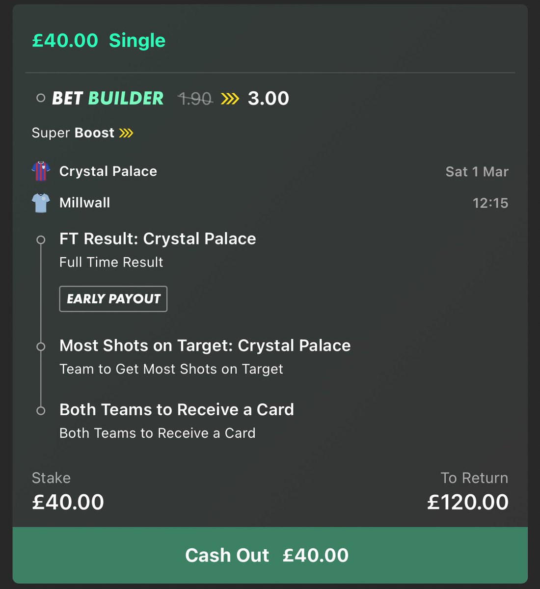 💰 £120 CASH GIVEAWAY!!!! 

If the Crystal Palace v Millwall super boost wins, I’ll giveaway….

£60 to someone who LIKES this ❤️
£60 to someone who RTs this 🔁
Must FOLLOW <a href="/LordFootyTips/">Lord’s Football Tips</a> ✅