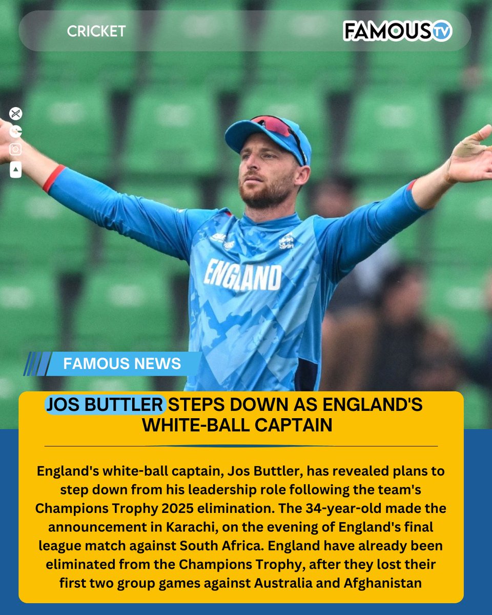 FamousTVIndia's tweet photo. England's cricket team, fresh from a dismal tour of India where they secured only one win in eight matches under new white-ball coach Brendon McCullum, is set for a change in leadership. #ChampionsTrophy2025 https://t.co/pWtb1D1EJO