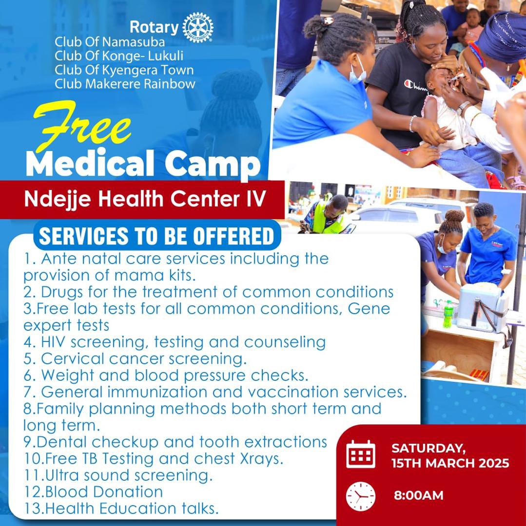 Join us for a FREE Medical Camp! 🏥💊 

In partnership with the Lake Victoria-Zone 9 Clubs, we're bringing quality healthcare services to our community.

Come receive free medical check-ups, consultations, and treatment. Together we create lasting change.