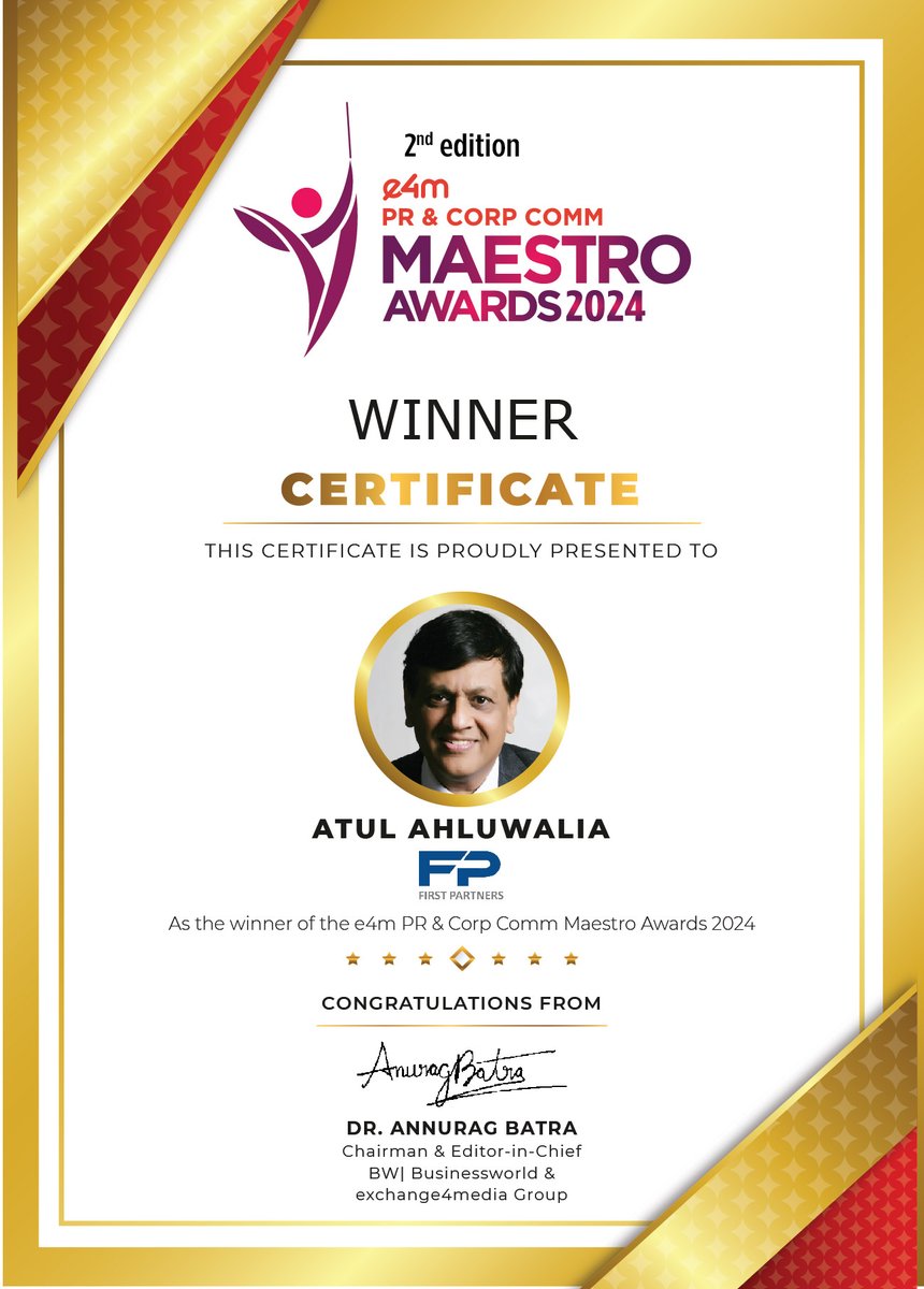 e4m Live (@e4mevents) on Twitter photo Our heartiest congratulations to Atul Ahluwalia from <a href="/FirstPartners_/">First Partners</a> for winning the 2nd edition of e4m PR and Corp Comm Maestro Awards 2024
<a href="/anuragbatrayo/">Anurag Batra</a> | <a href="/nawalahuja/">Nawal Ahuja</a> | <a href="/karanbhatias/">Karan Bhatia</a>
#e4mMaestroAwards #e4mevents #PRCorpComm #PRCommuneMaestroAwards Our heartiest congratulations to Atul Ahluwalia from <a href="/FirstPartners_/">First Partners</a> for winning the 2nd edition of e4m PR and Corp Comm Maestro Awards 2024
<a href="/anuragbatrayo/">Anurag Batra</a> | <a href="/nawalahuja/">Nawal Ahuja</a> | <a href="/karanbhatias/">Karan Bhatia</a>
#e4mMaestroAwards #e4mevents #PRCorpComm #PRCommuneMaestroAwards