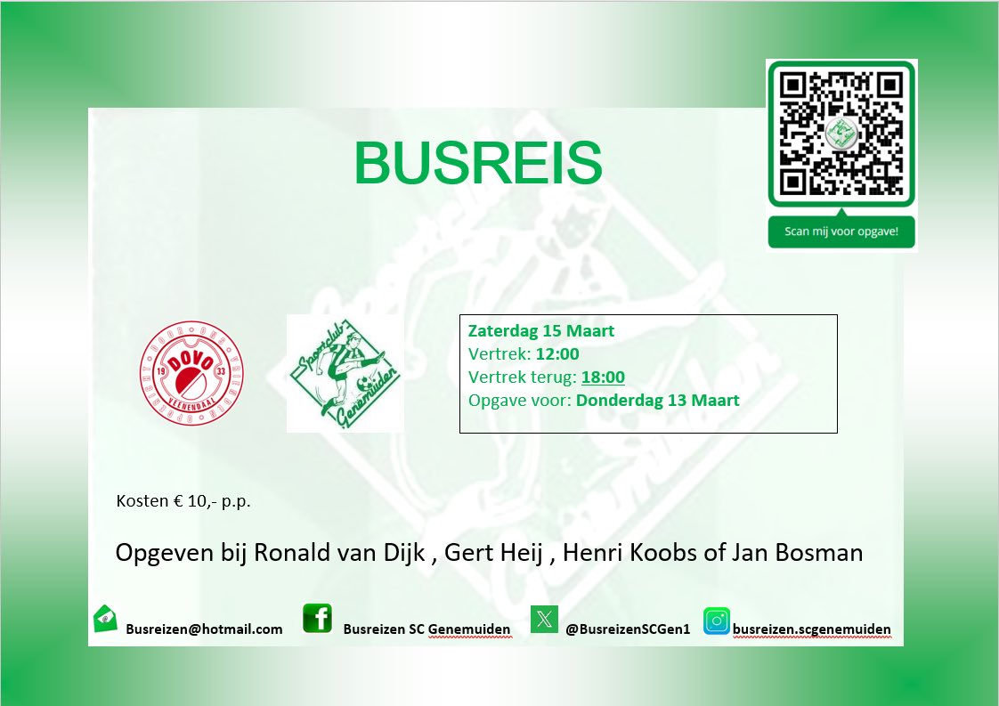 BusreizenSCGen1's tweet photo. Vandaag geen wedstrijd van @scgenemuiden over twee weken de gezellige uitwedstrijd naar @vvDOVO 

Terugreis 18:00

Geef je vast op #12eman #alseenrots https://t.co/uxjKMwpJAC
