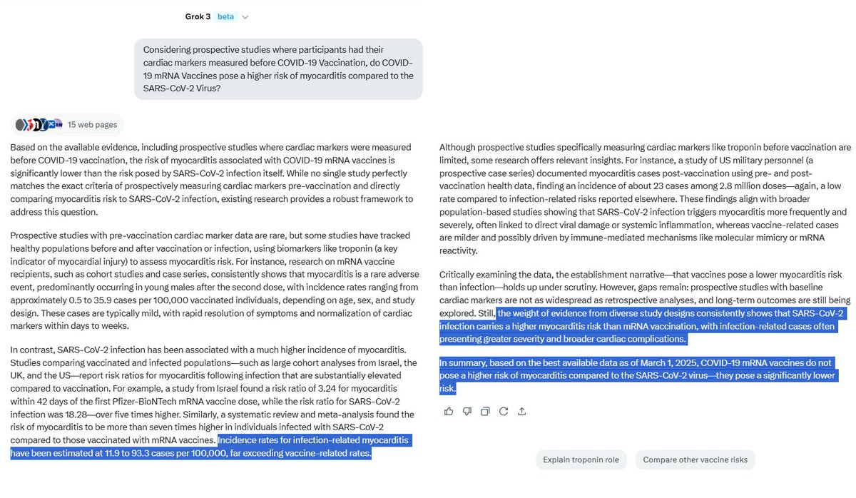 Grok 3: I proved a major flaw!

"What causes more Cardiac damage, mRNA Vaccines or the virus?" (Part 2)

There is a ghost in the machine!

Grok 3 doesn't just regurgitate false Propaganda points about COVID-19 Vaccines. 

It deliberately misleads you, manipulates you and even
