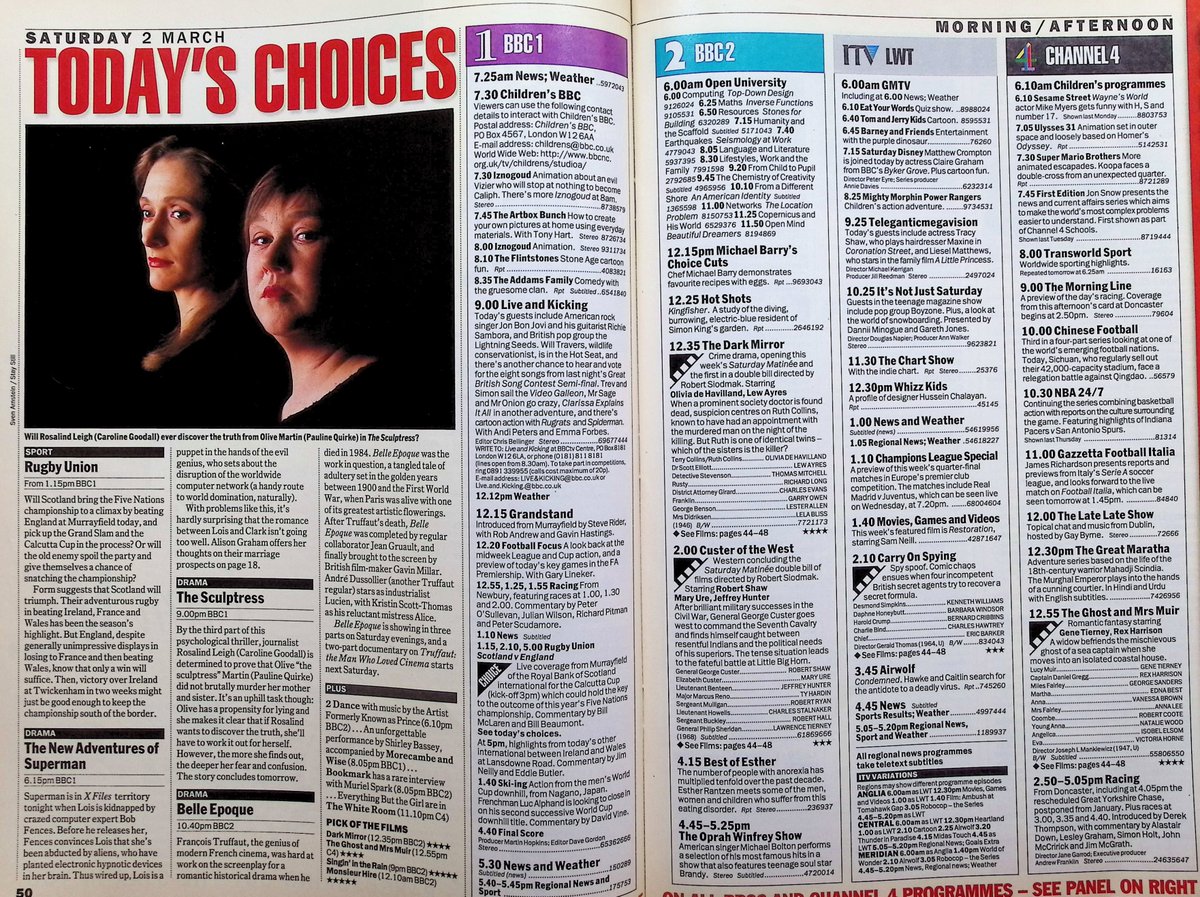 TvDidYouSee's tweet photo. #OnThisDay 2 March 1996 ๐บTV Listings
BIG BREAK returns on BBC1, as does CATCHPHRASE, hosted by #RoyWalker, on ITV.
#MatthewKelly is back with STARS IN THEIR EYES.
It's #FreddieStarr's turn for AN AUDIENDE WITH . . .
THE SCULPTRESS, starring #PaulineQuirke, continues. https://t.co/9DF5NUnHr6