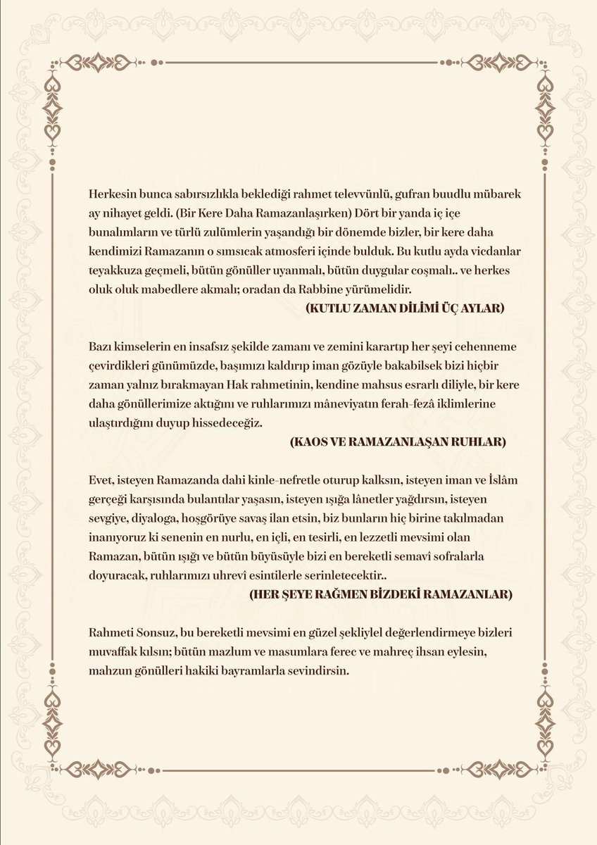 M. Fethullah Gülen Sitemizin Ramazan Mesajı: