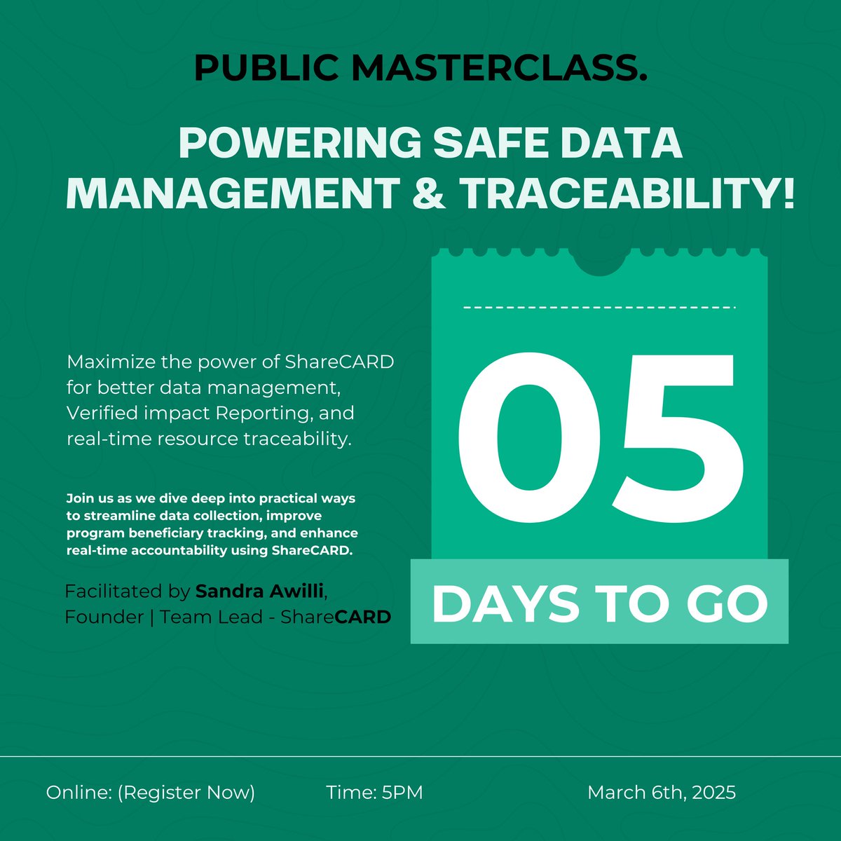sharecard_app's tweet image. Only 5 days to go! ⏳
Join @sandraawilli on March 6th at 3PM for a powerful Masterclass on Safe Data Management &amp;amp; Traceability. 

 register now!webinar.zoho.com/meeting/regist…
 
 #DataManagement #TechForGood #ImpactTracking #DigitalSolutions