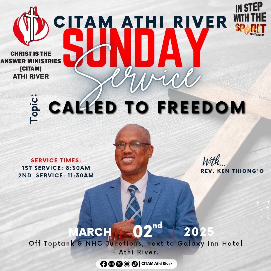 Join us this Sunday for our Family Services this Sunday 2nd March. Our Senior Pastor, Rev. Ken Thiong'o will be speaking on Called To Freedom. 

Invite a friend and a neighbor. 

 #InStepWithTheSpirit #Gal5v25 #CITAMAthiriver #ChristIsTheAnswer